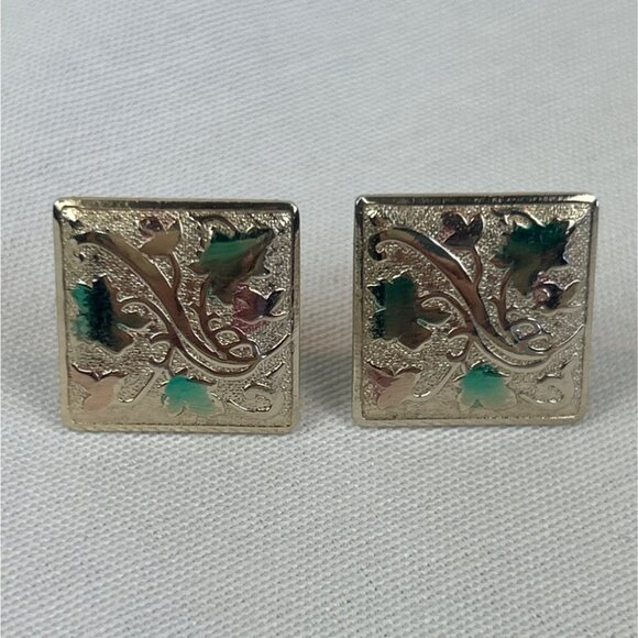 Unbranded Other - Vintage Gold Tone Square Cufflinks Leaf Design 80s 90s Nature